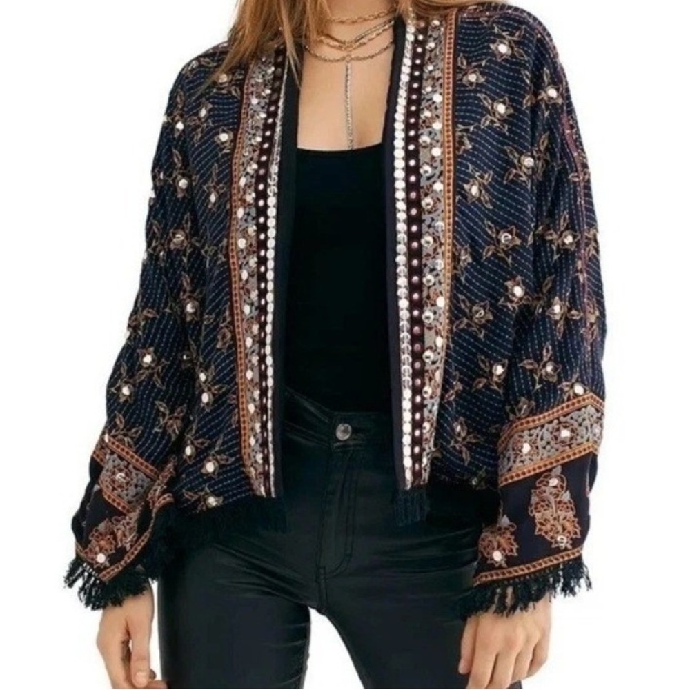 NWT Free People Women's Rays Of Light Fringe-Trim Sequin Jacket Midnight Size XL